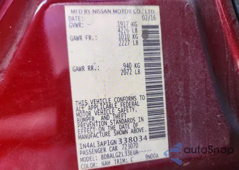 2016 Nissan Altima 2.5 z USA, uszkodzony, nr VIN 1N4AL3AP1GN338034